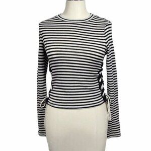 Divided Striped Lace Up Long Sleeve Black White Top XS